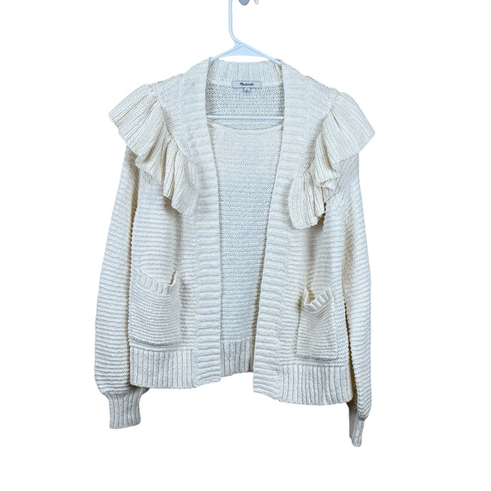 Madewell Ruffle Chunkyβ Knit Open Front Cardigan Ivory Boho Small EUC